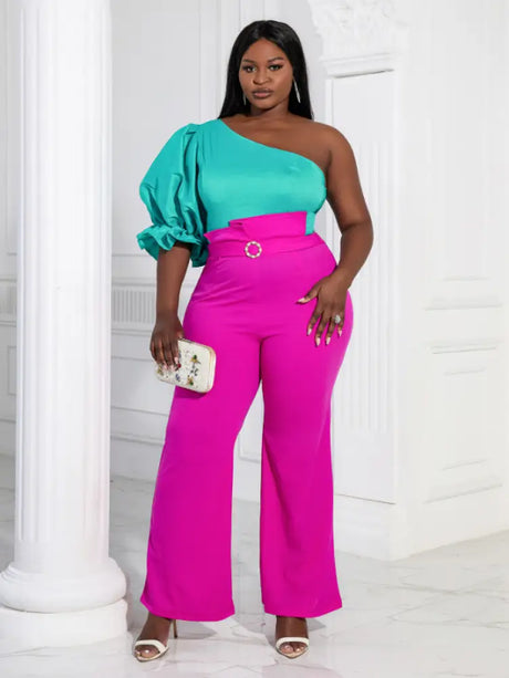 Women One Shoulder Puff Sleeves Blouse