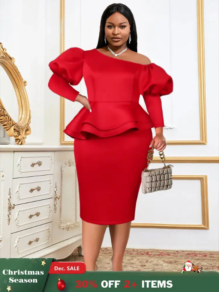 Women One Shoulder Red Dress Bodycon Christmas Party