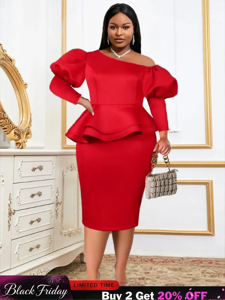 Women One Shoulder Red Dress Bodycon Christmas Party