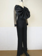 Women Organza Long Sleeve Big Bow Black Jumpsuit