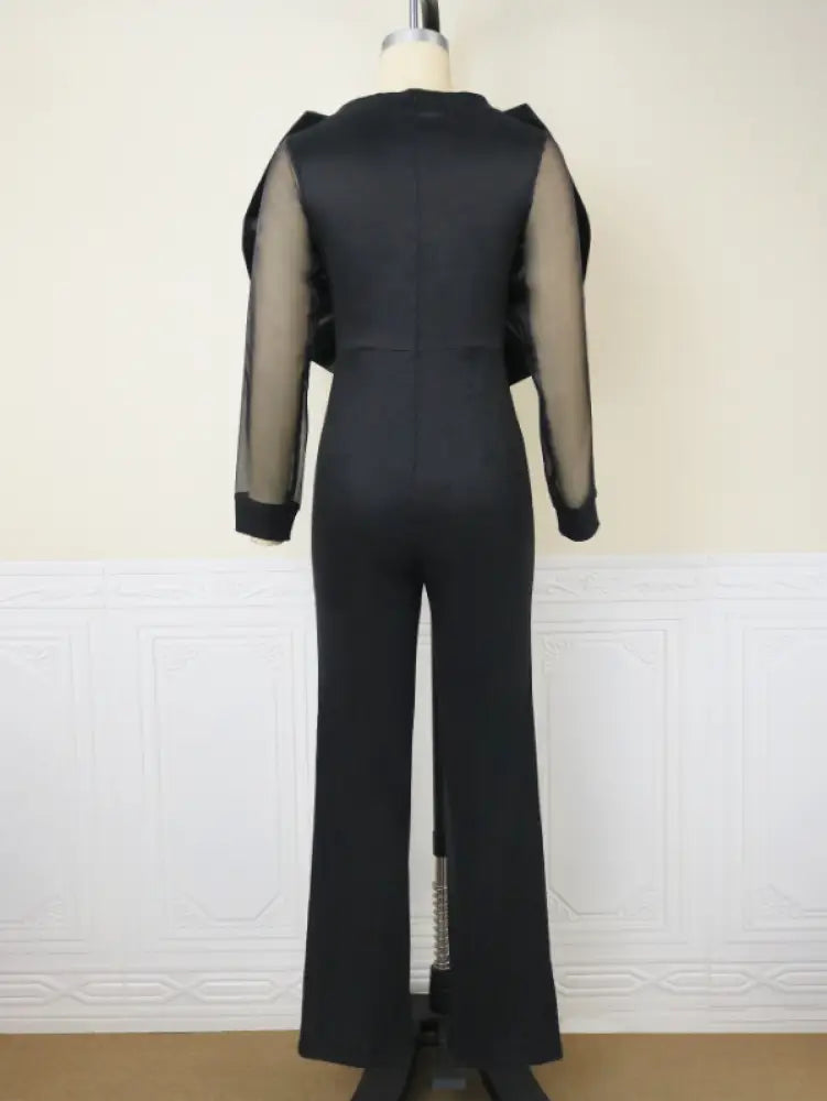 Women Organza Long Sleeve Big Bow Black Jumpsuit