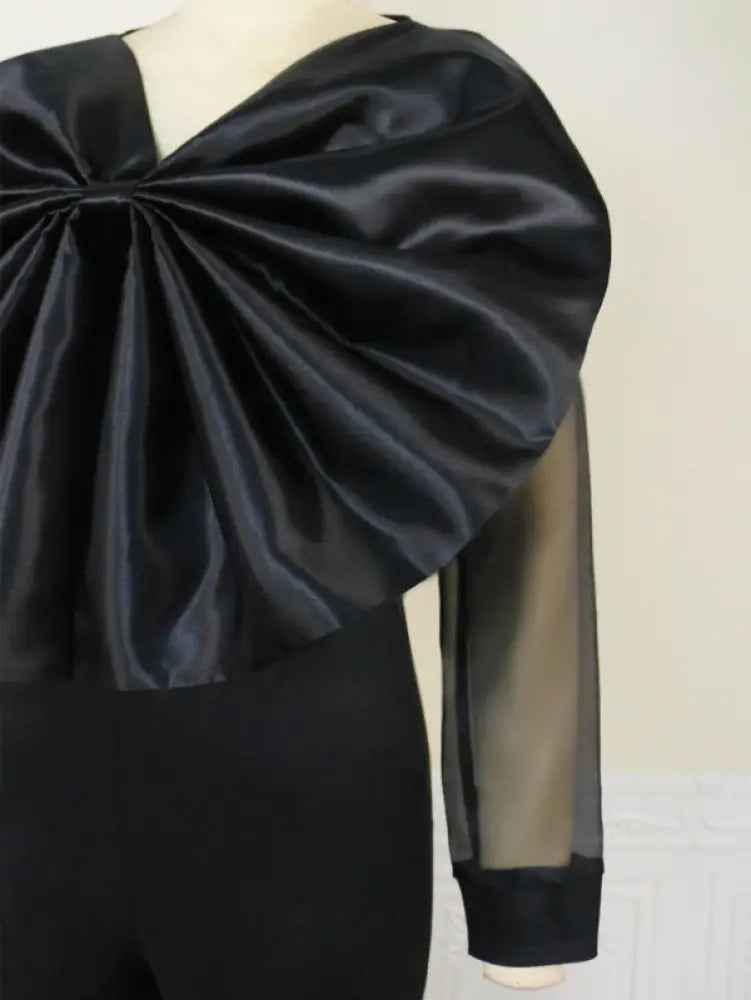 Women Organza Long Sleeve Big Bow Black Jumpsuit