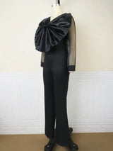 Women Organza Long Sleeve Big Bow Black Jumpsuit