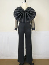 Women Organza Long Sleeve Big Bow Black Jumpsuit