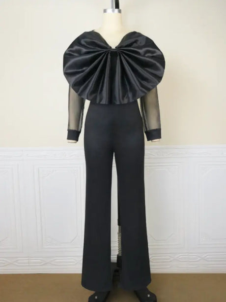Women Organza Long Sleeve Big Bow Black Jumpsuit