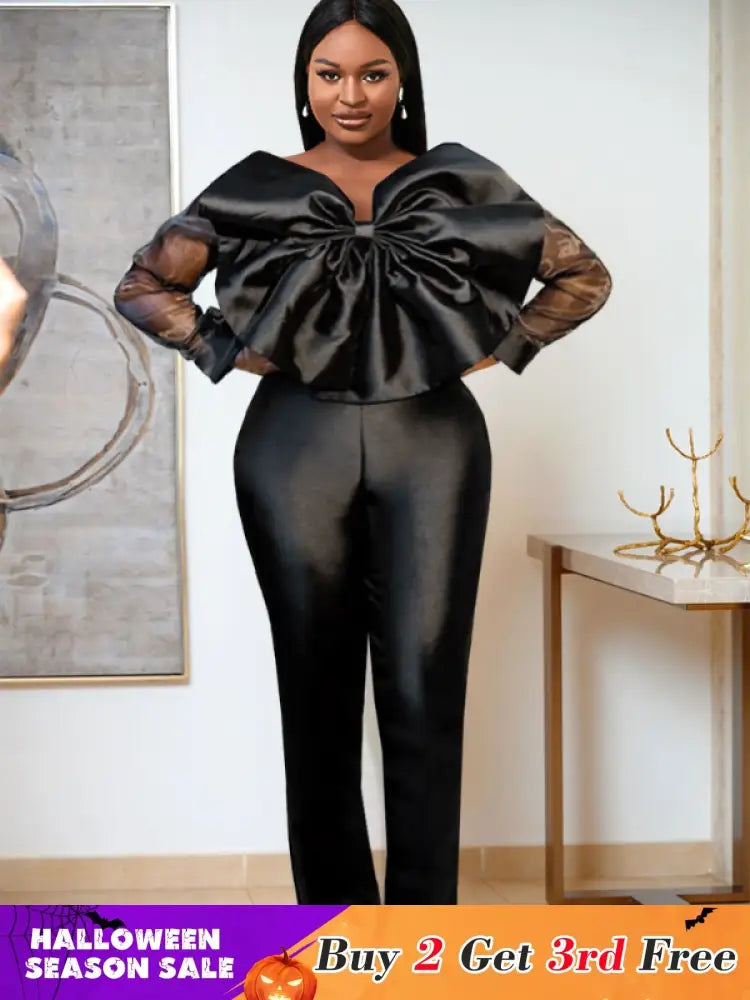 Women Organza Long Sleeve Big Bow Black Jumpsuit Black / S