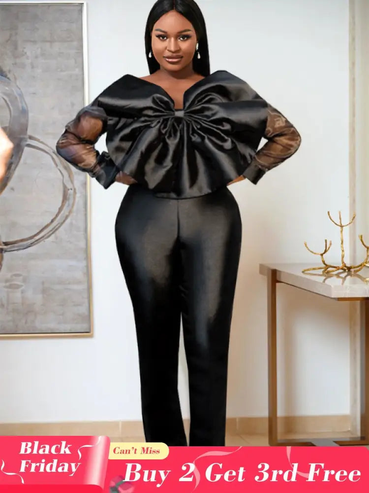 Women Organza Long Sleeve Big Bow Black Jumpsuit Black / S