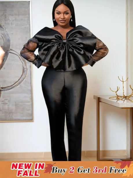 Women Organza Long Sleeve Big Bow Black Jumpsuit Black / S