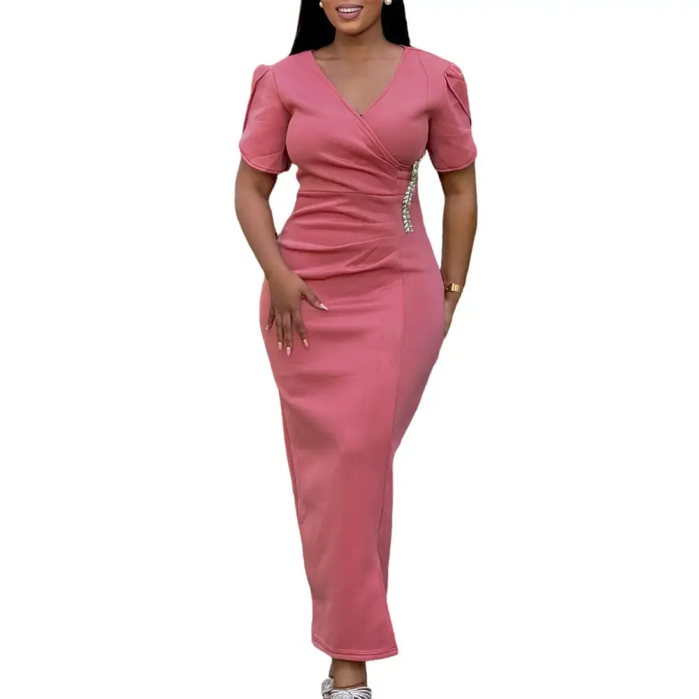 Women Pink Bodycon Long Dresses V Neck Short Sleeves Church