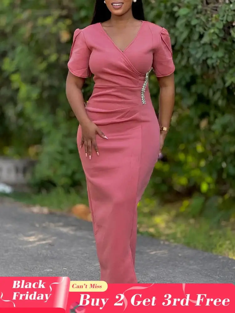 Women Pink Bodycon Long Dresses V Neck Short Sleeves Church