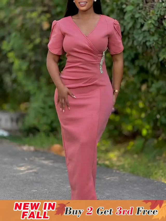Women Pink Bodycon Long Dresses V Neck Short Sleeves Church