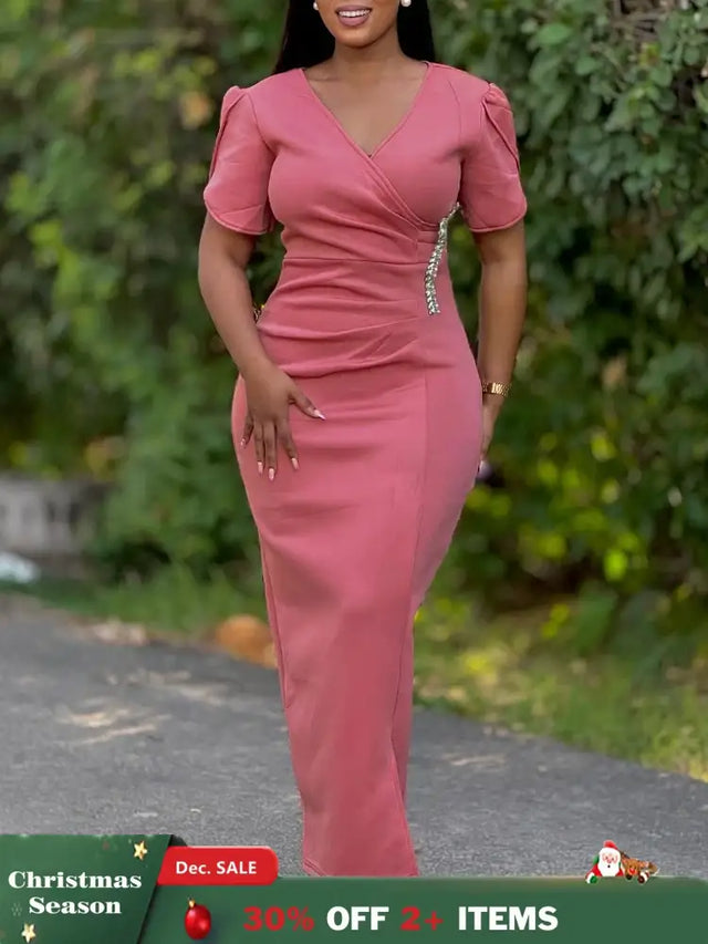 Women Pink Bodycon Long Dresses V Neck Short Sleeves Church