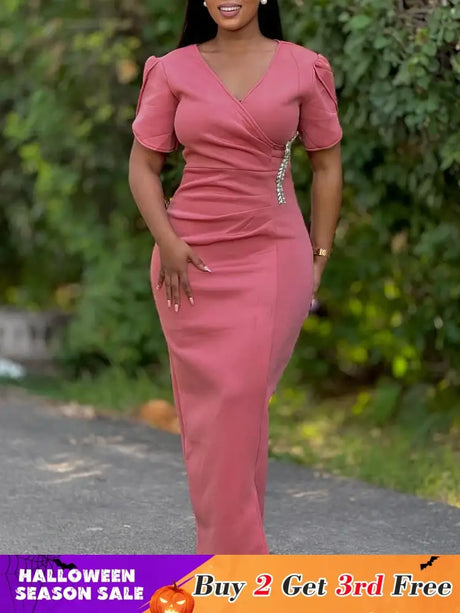 Women Pink Bodycon Long Dresses V Neck Short Sleeves Church