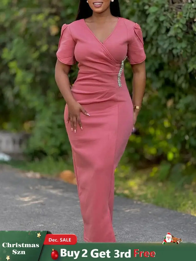Women Pink Bodycon Long Dresses V Neck Short Sleeves Church