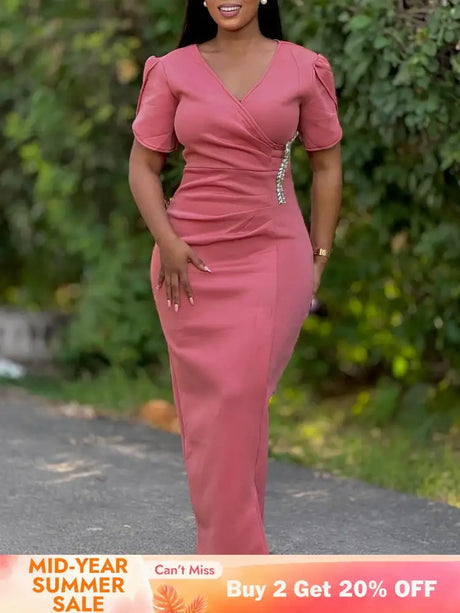 Women Pink Bodycon Long Dresses V Neck Short Sleeves Church