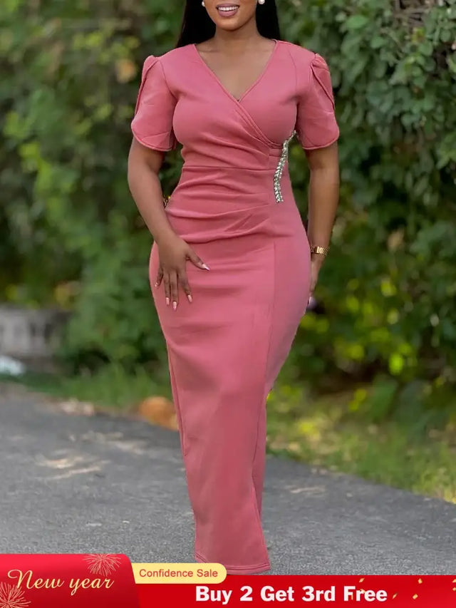 Women Pink Bodycon Long Dresses V Neck Short Sleeves Church