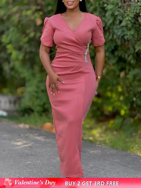 Women Pink Bodycon Long Dresses V Neck Short Sleeves Church