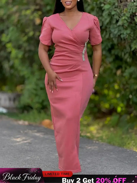 Women Pink Bodycon Long Dresses V Neck Short Sleeves Church