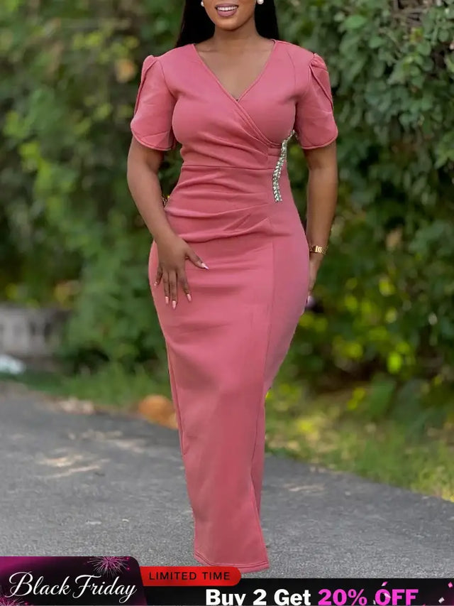 Women Pink Bodycon Long Dresses V Neck Short Sleeves Church