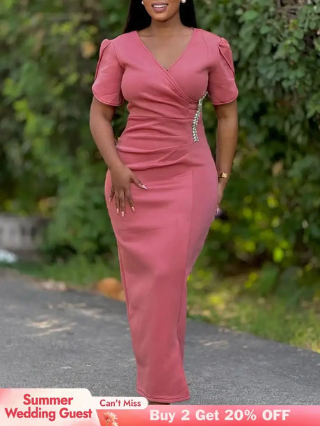 Women Pink Bodycon Long Dresses V Neck Short Sleeves Church
