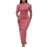 Women Pink Bodycon Long Dresses V Neck Short Sleeves Church