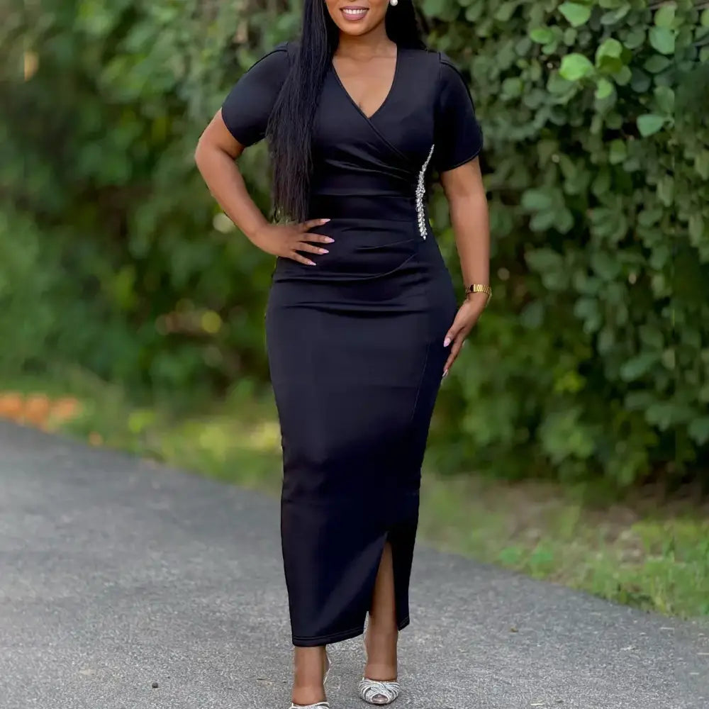 Women Pink Bodycon Long Dresses V Neck Short Sleeves Church Black / S