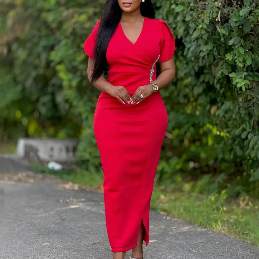 Women Pink Bodycon Long Dresses V Neck Short Sleeves Church Red / S