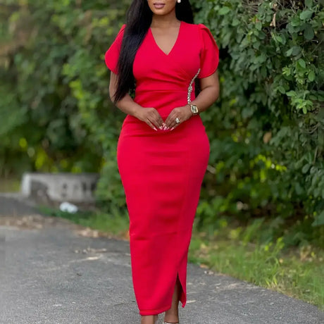 Women Pink Bodycon Long Dresses V Neck Short Sleeves Church Red / S