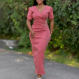 Women Pink Bodycon Long Dresses V Neck Short Sleeves Church Pink / S