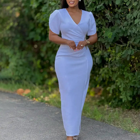 Women Pink Bodycon Long Dresses V Neck Short Sleeves Church WHITE / S