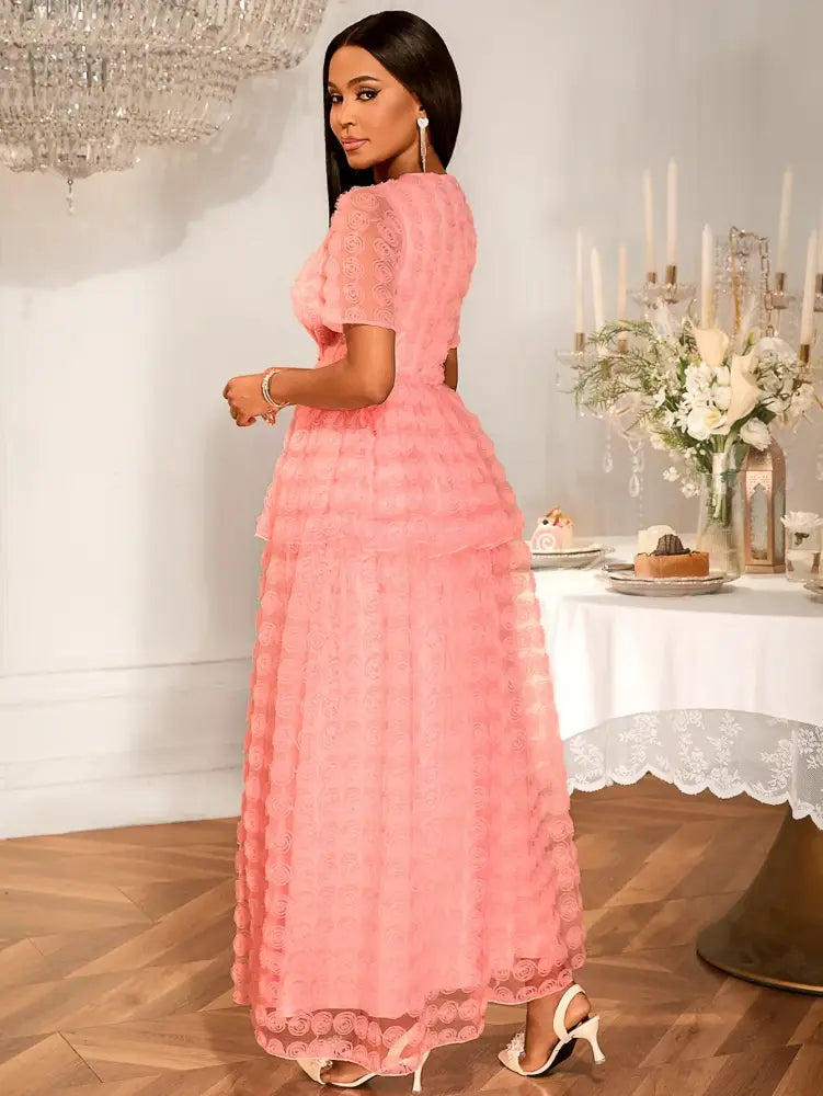 Women Pink Lace Maxi Dress Short Sleeve O Neck Elegant Floral Pattern