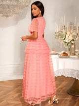 Women Pink Lace Maxi Dress Short Sleeve O Neck Elegant Floral Pattern