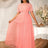 Women Pink Lace Maxi Dress Short Sleeve O Neck Elegant Floral Pattern Pink / S