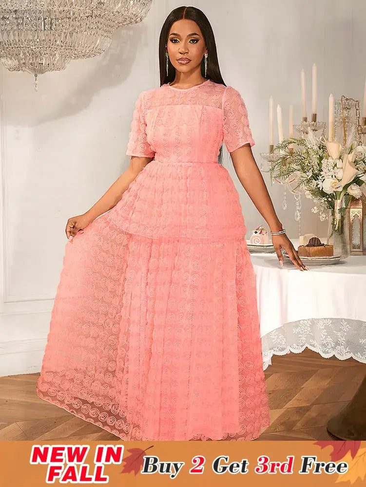 Women Pink Lace Maxi Dress Short Sleeve O Neck Elegant Floral Pattern Pink / S