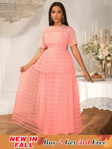 Women Pink Lace Maxi Dress Short Sleeve O Neck Elegant Floral Pattern Pink / S