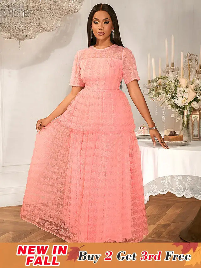 Women Pink Lace Maxi Dress Short Sleeve O Neck Elegant Floral Pattern Pink / S