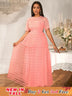 Women Pink Lace Maxi Dress Short Sleeve O Neck Elegant Floral Pattern Pink / S