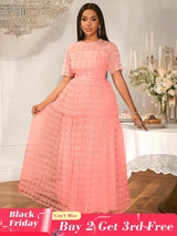 Women Pink Lace Maxi Dress Short Sleeve O Neck Elegant Floral Pattern Pink / S