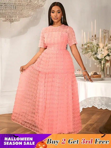Women Pink Lace Maxi Dress Short Sleeve O Neck Elegant Floral Pattern Pink / S