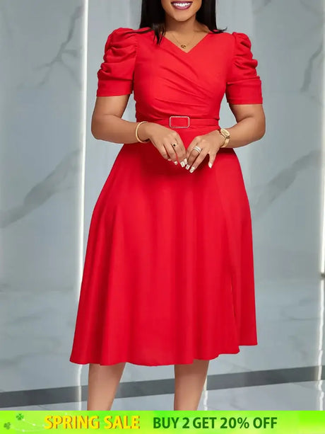 Women Pleated A Line Dresses V Neck Short Sleeves Classy Elegant Office