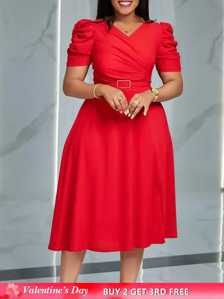 Women Pleated A Line Dresses V Neck Short Sleeves Classy Elegant Office