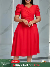 Women Pleated A Line Dresses V Neck Short Sleeves Classy Elegant Office