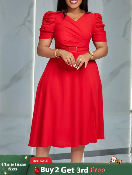 Women Pleated A Line Dresses V Neck Short Sleeves Classy Elegant Office