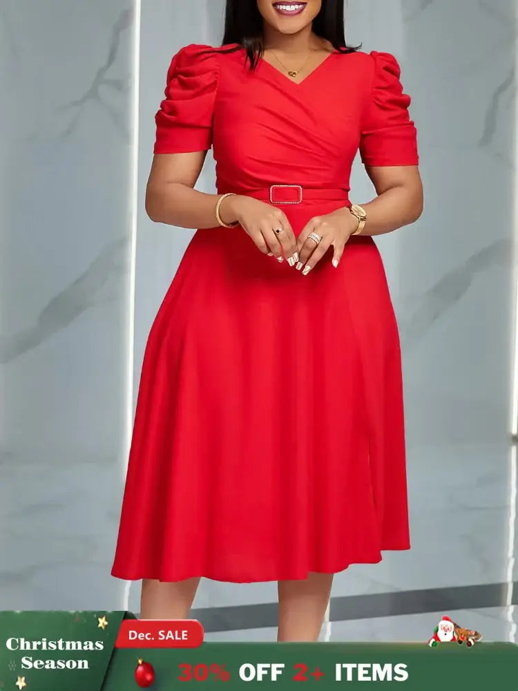 Women Pleated A Line Dresses V Neck Short Sleeves Classy Elegant Office