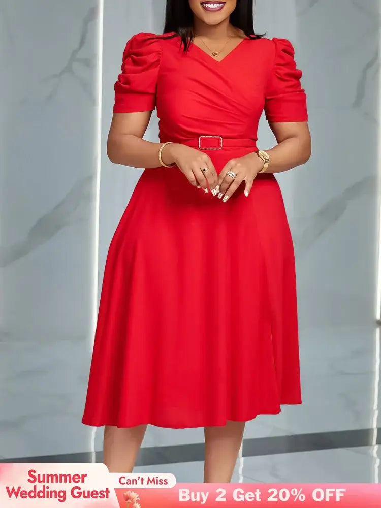 Women Pleated A Line Dresses V Neck Short Sleeves Classy Elegant Office