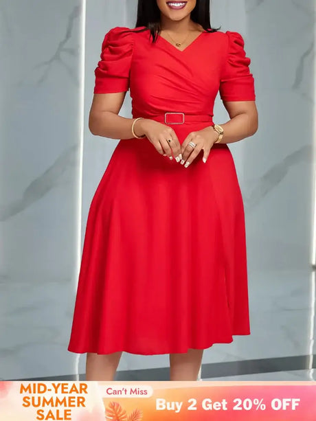 Women Pleated A Line Dresses V Neck Short Sleeves Classy Elegant Office