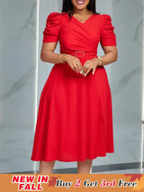 Women Pleated A Line Dresses V Neck Short Sleeves Classy Elegant Office