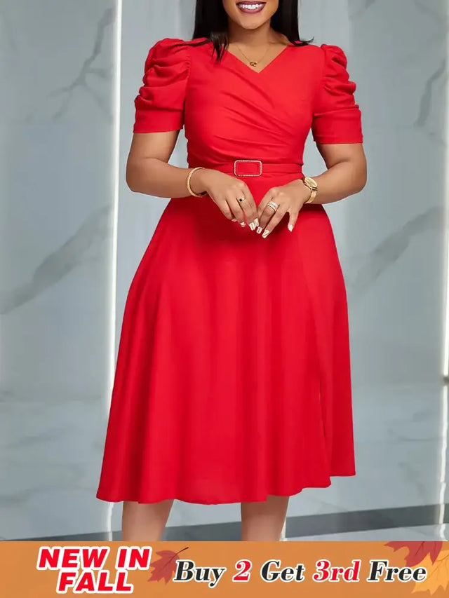 Women Pleated A Line Dresses V Neck Short Sleeves Classy Elegant Office