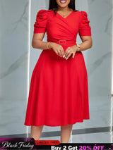 Women Pleated A Line Dresses V Neck Short Sleeves Classy Elegant Office