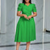 Women Pleated A Line Dresses V Neck Short Sleeves Classy Elegant Office Green / S